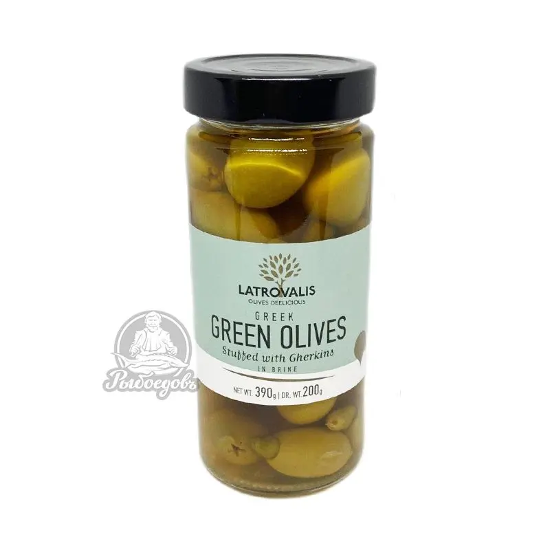 Оливки зеленые фаршированные зелёным огурцом в рассоле GREEN OLIVES 390гр
