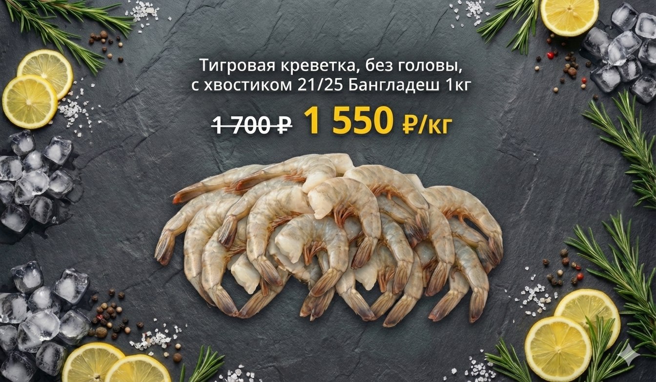 Тигровая креветка, без головы, с хвостиком 21/25 Бангладеш 1кг