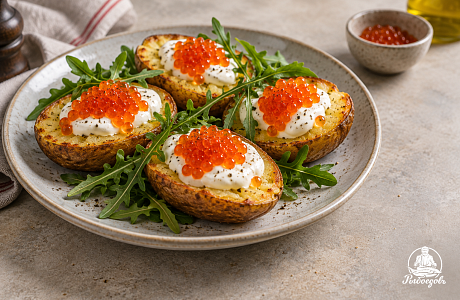 Запечённый картофель с красной икрой и сметаной