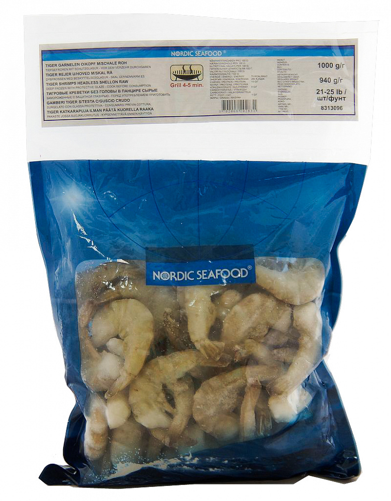 Тигровые креветки Nordic Seafood 21/25 с хвостиком 1кг Тигровые креветки Nordic Seafood 21/25 с хвостиком 1кг