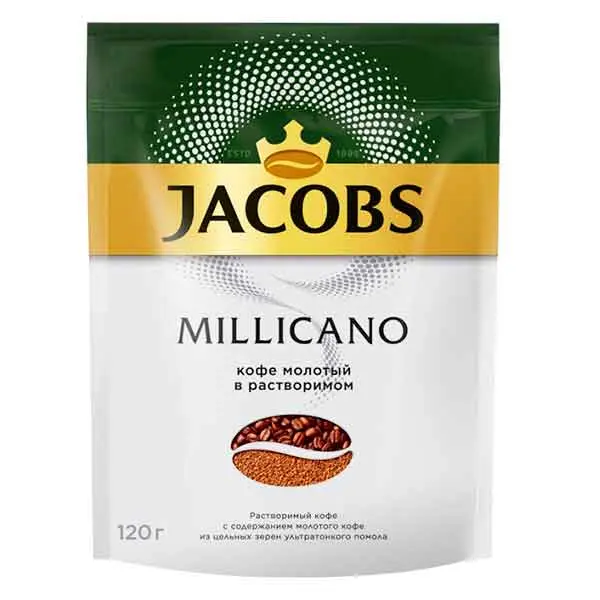 Кофе натуральный растворимый сублимированный с добавлением кофе натурального жареного молотого Jacobs Millicano 120гр